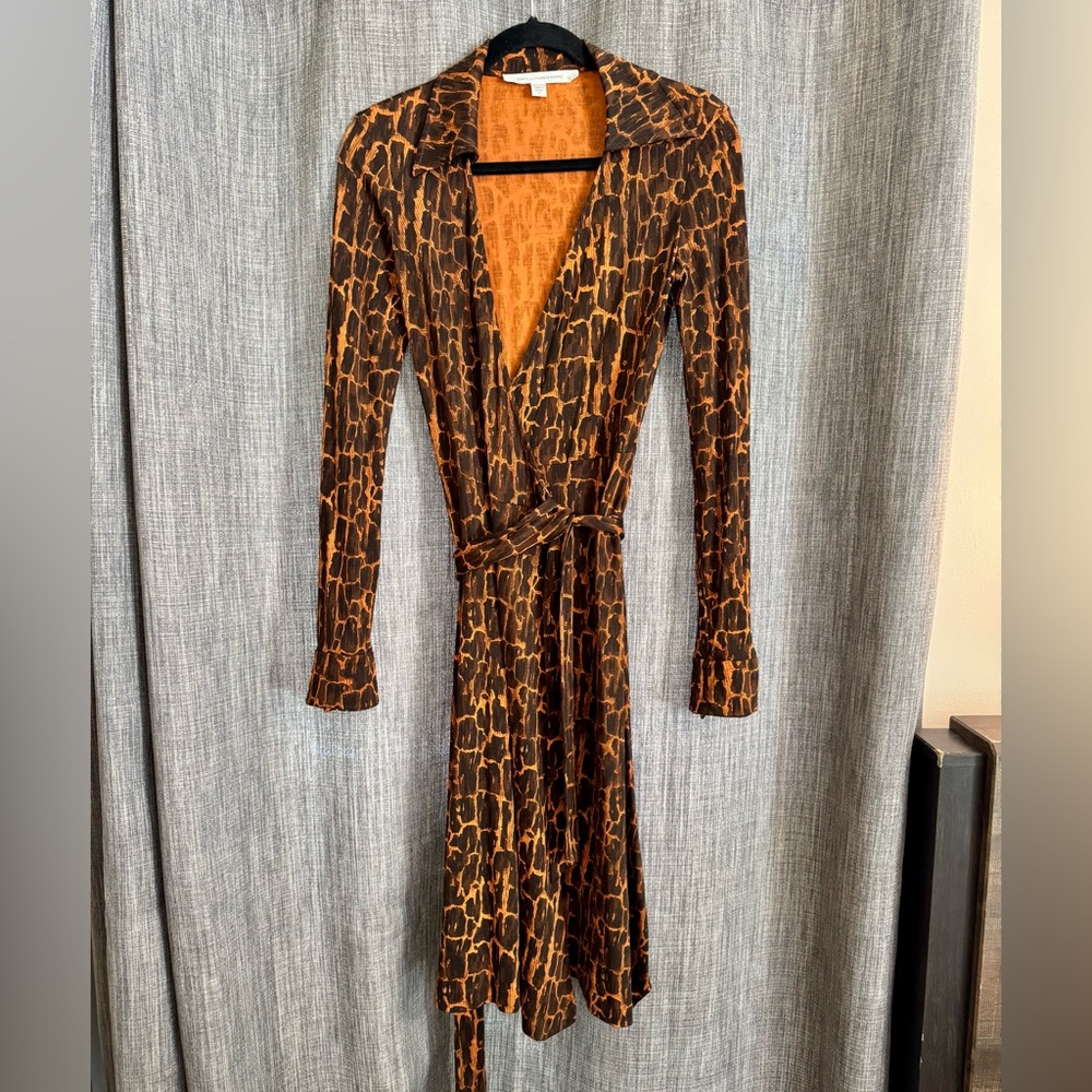Diane Von Furstenberg Brown and Orange Jeanne Wrap Dress